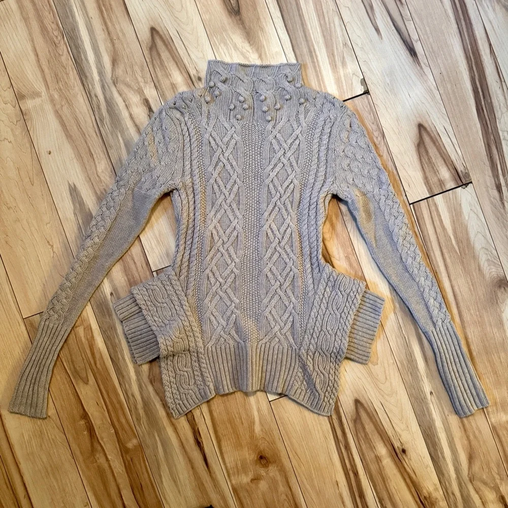 BCBG MAXAZRIA CAMEL TAN TUNIC TURTLENECK CABLE VICTORIAN WAIST LONG SLEEVE ISLE - Picture 3 of 10